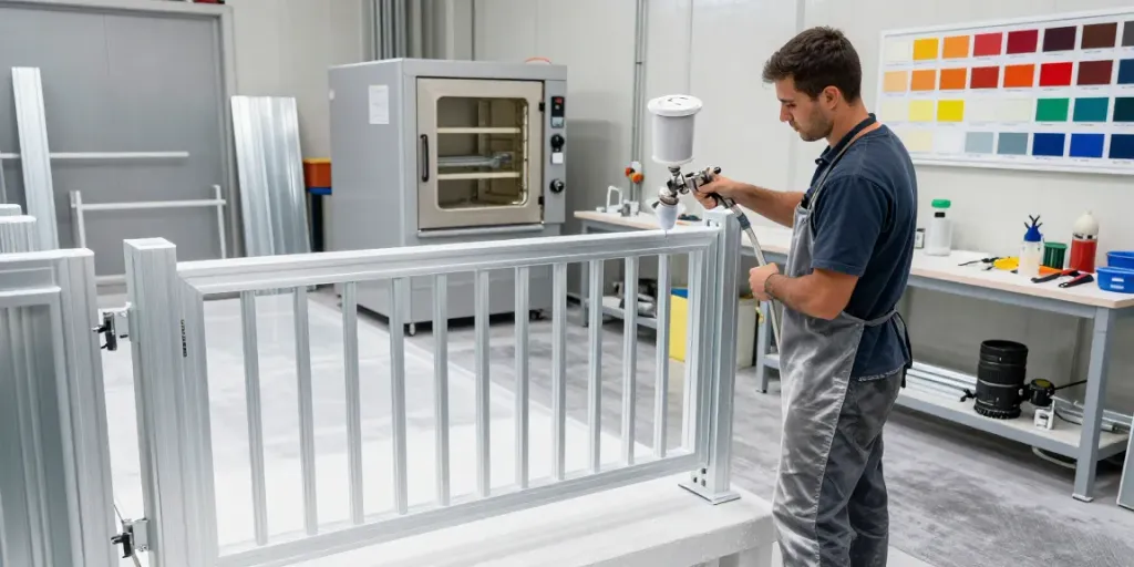 Powder coating application on aluminum gate frame in a modern workshop.