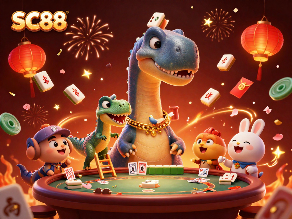 Engaging scene showcasing SC88 as a vibrant online casino with animated characters and casino elements.