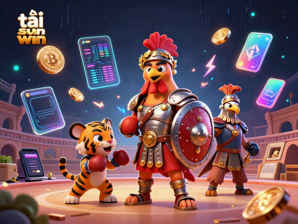 Experience the excitement of tải sun win with a vibrant 3D illustration featuring a gladiator rooster and crypto elements.