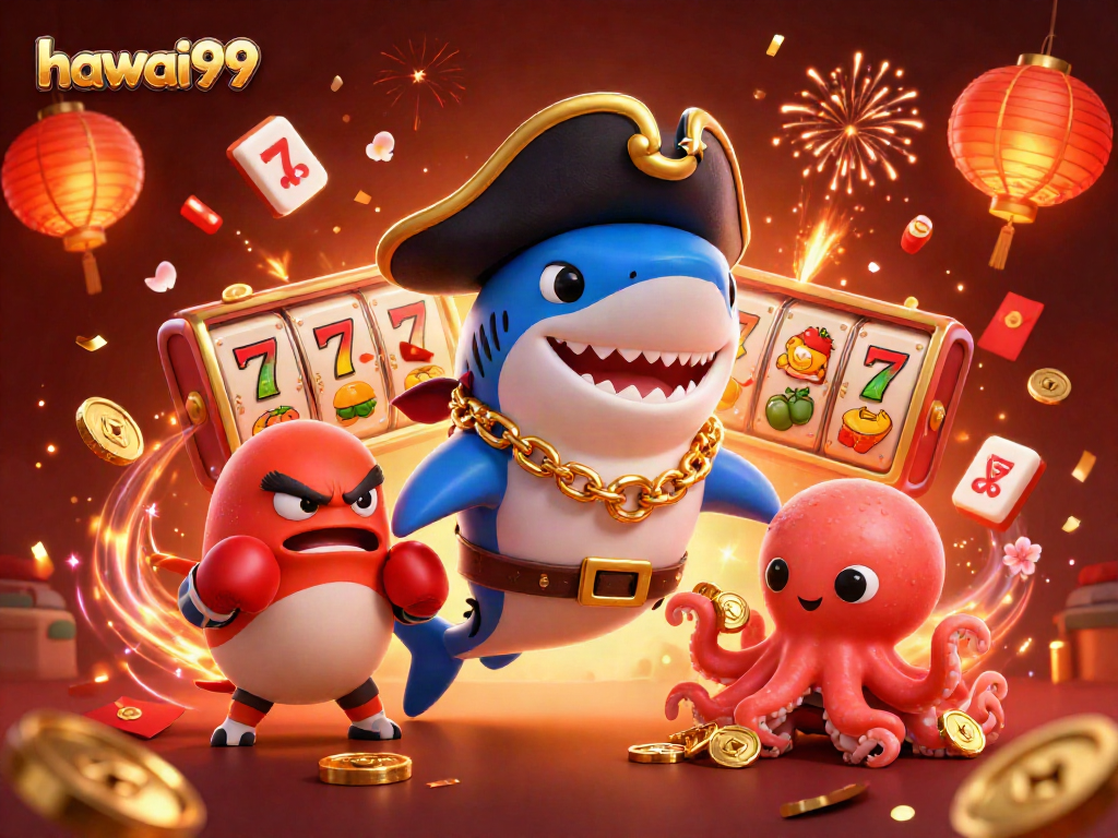 Experience the excitement of hawai99 with a vibrant casino-themed 3D illustration featuring a pirate shark, pufferfish, and octopus.