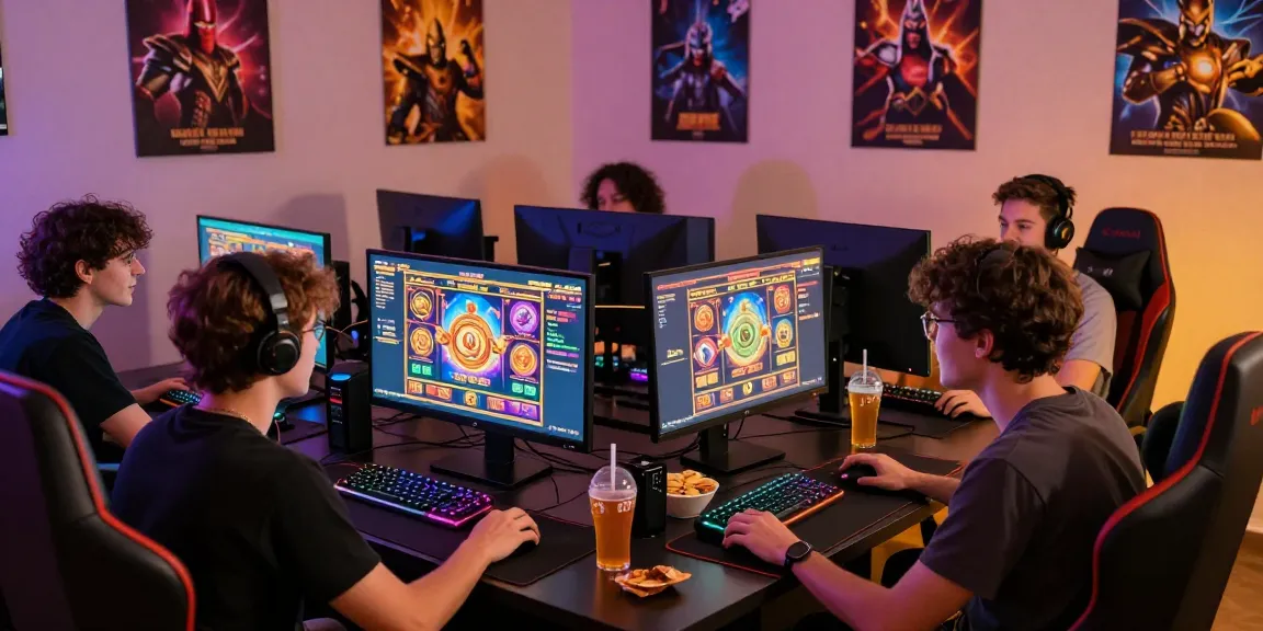 Diverse group playing situs slot gacor games on multiple monitors in an exciting gaming room.