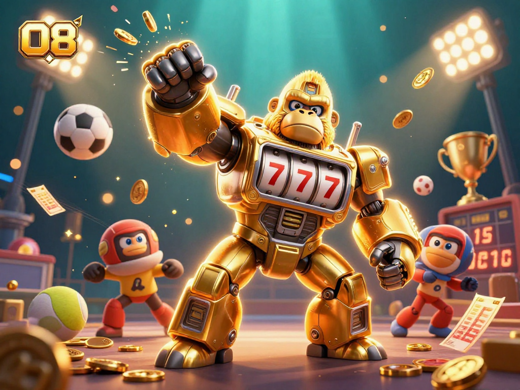 Experience O8's vibrant gaming world with a golden gorilla mech and dynamic sports elements.