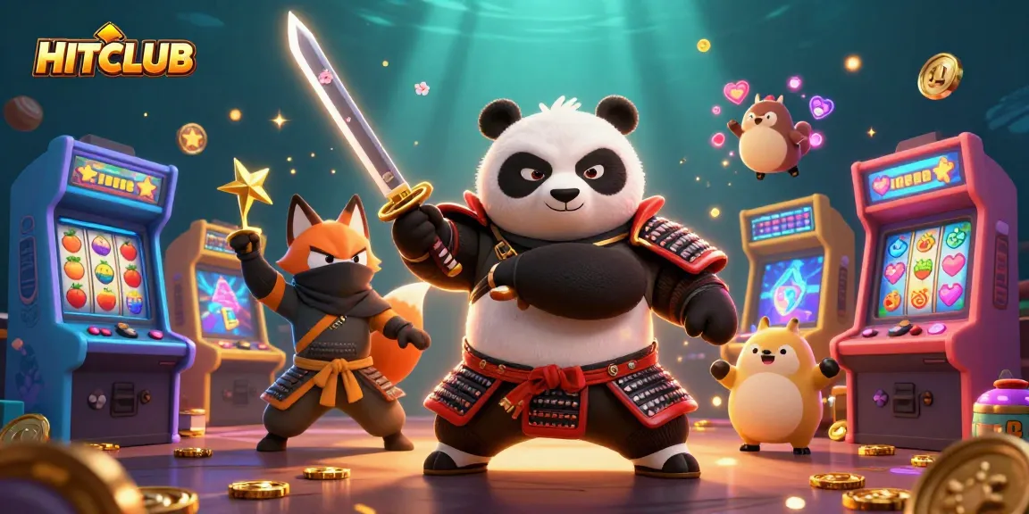 Engage with HITCLUB as a fierce samurai panda wields a katana amidst vibrant casino elements.