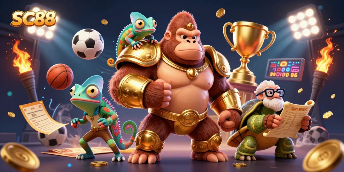 Experience SC88's dynamic gambling world with cartoon characters and vibrant sports elements.