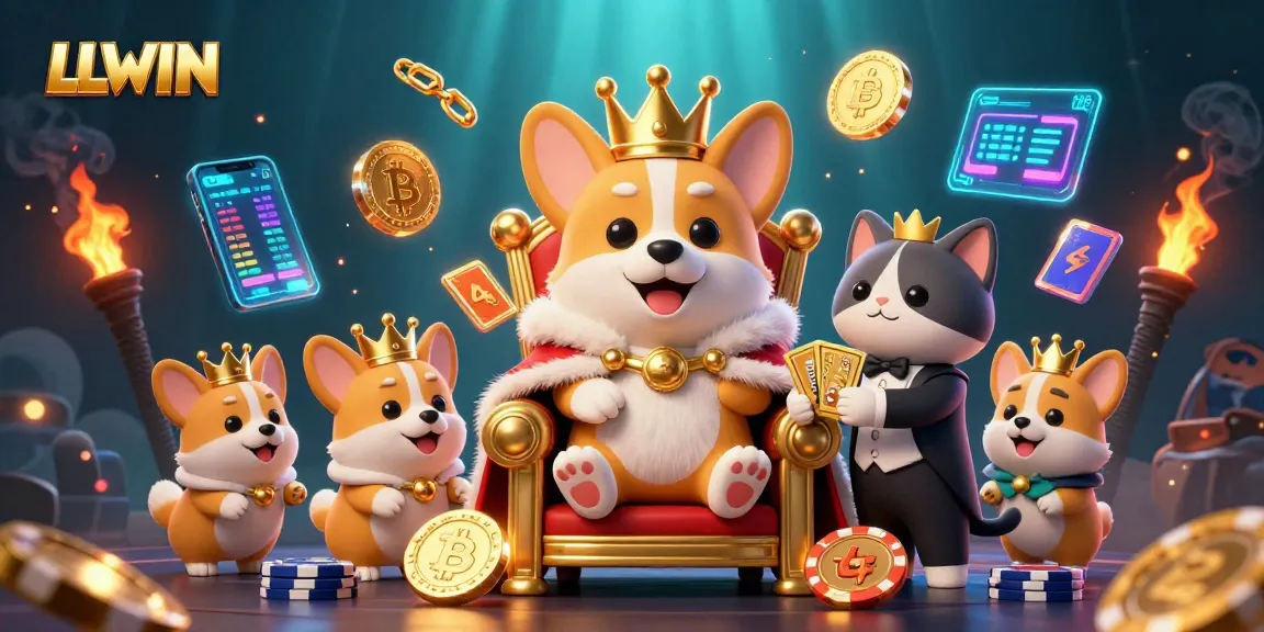 LLWIN offers dynamic gaming experiences with a royal corgi mascot amidst vibrant casino elements.