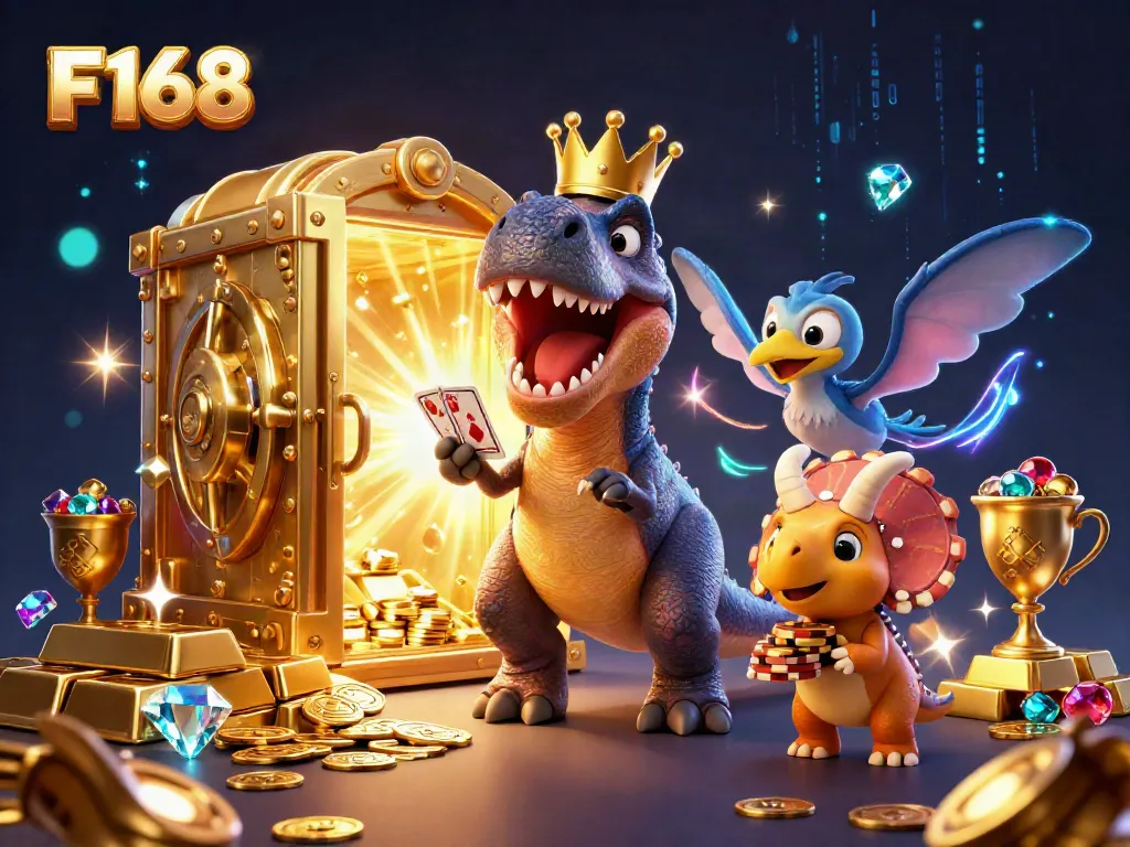 Experience thrilling gameplay at F168 with a fun dino-themed card game scene that sparkles.