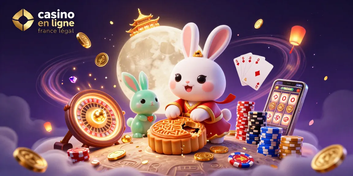 Illustration d'un casino en ligne France légal mettant en scène un lapin de lune et des jetons de poker.