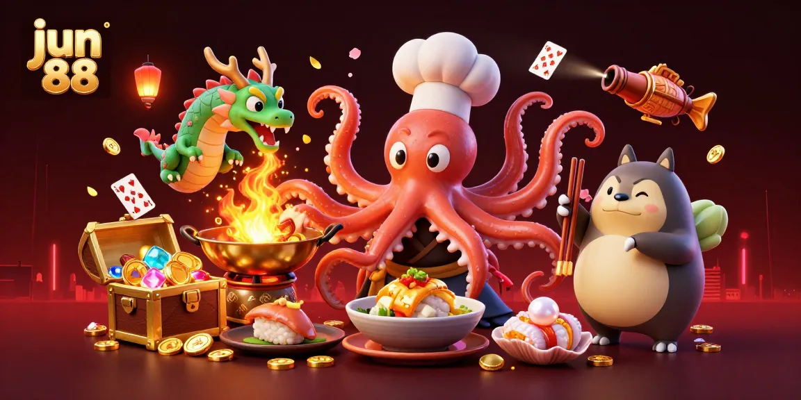 Experience winning excitement with jun 88 in this vibrant 3D illustration, showcasing a sushi chef octopus and friends amidst treasure and game elements.