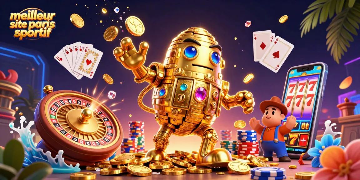 Plongez dans l'univers du meilleur site de paris sportif avec ce golem en pièces d'or et des éléments de jeu captivants.