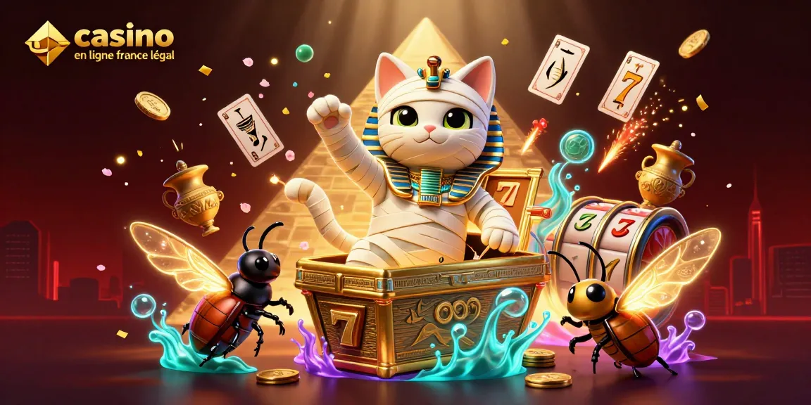Un chat momie et un scarabée en casino, immergés dans l'univers des jeux, casino en ligne france légal.