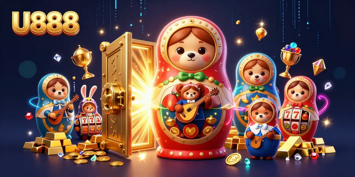 Experience the excitement of U888 with a vibrant 3D casino scene featuring bears and treasures.
