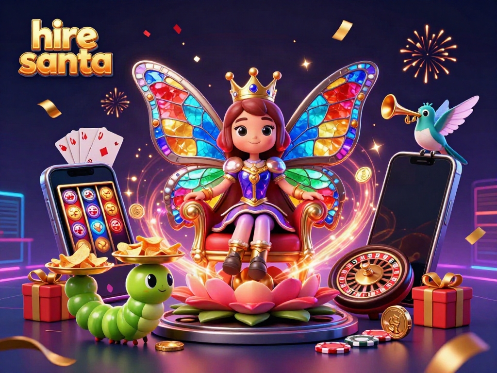Engage with the festive spirit as you hire Santa, featuring vibrant 3D elements celebrating Christmas cheer.