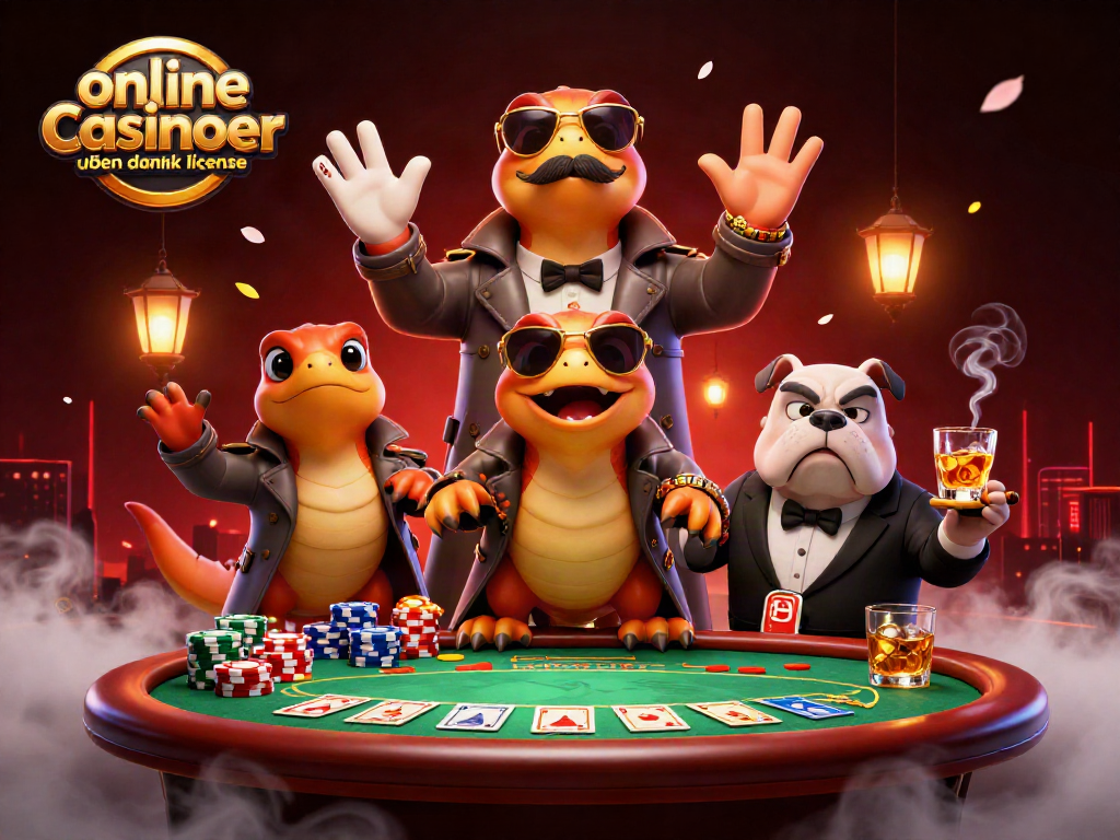 Playing at online casinoer uden dansk licens illustrated with raptors in trench coat entering VIP lounge.