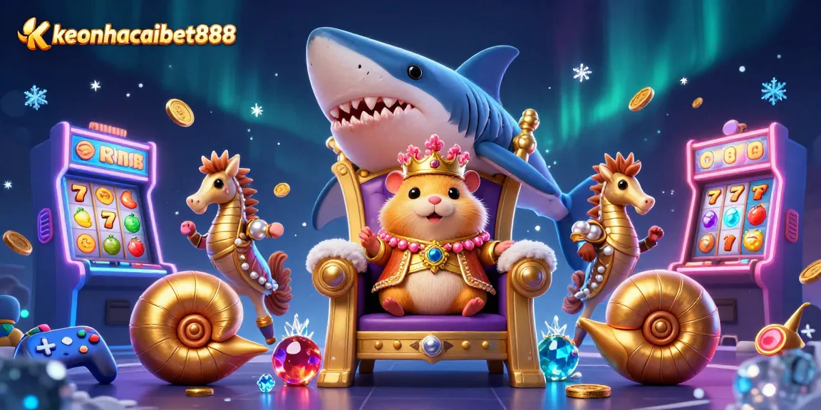 Spin the reels with keonhacaibet888's thrilling casino adventure featuring a hamster king and colorful slots.