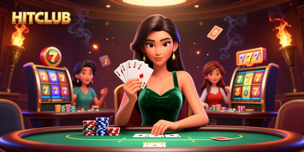 Experience thrilling gameplay at HITCLUB with a beautiful poker player amidst vibrant slots and dazzling lights.