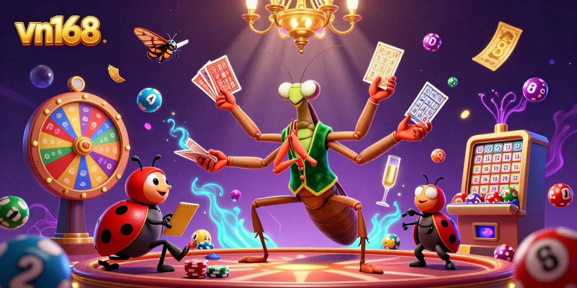 Experience the vibrant world of vn168 with a giant praying mantis card sharp and dynamic gaming elements.