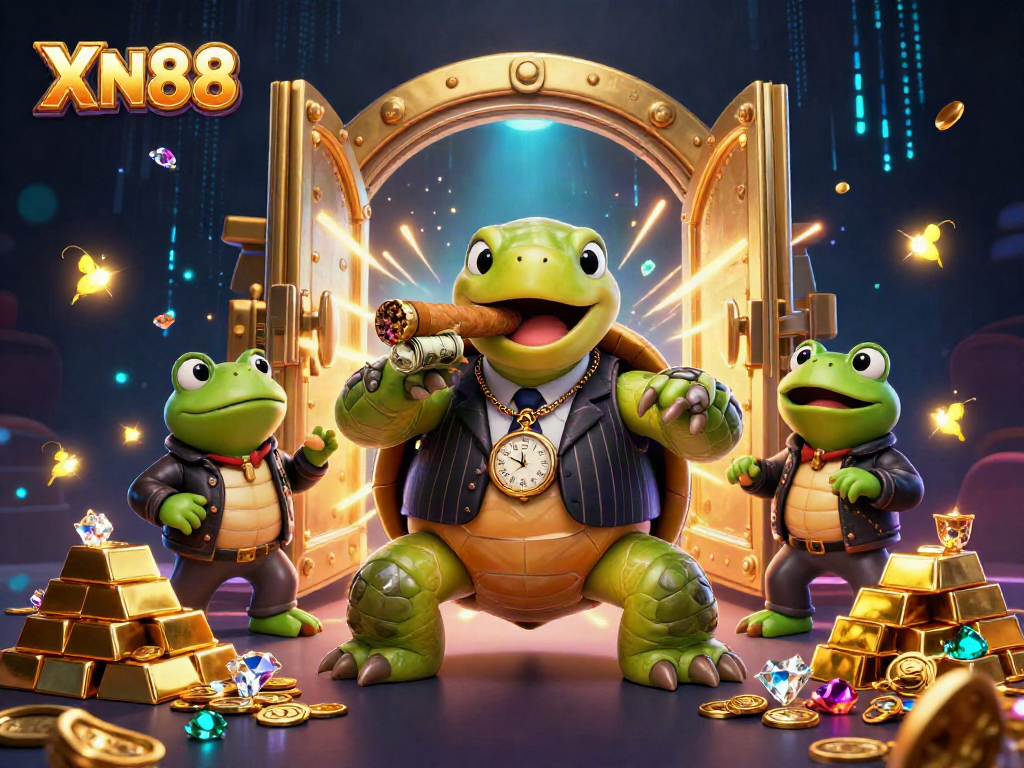 Engaging gaming experience at XN88 with a lively turtle mobster and vibrant casino elements.