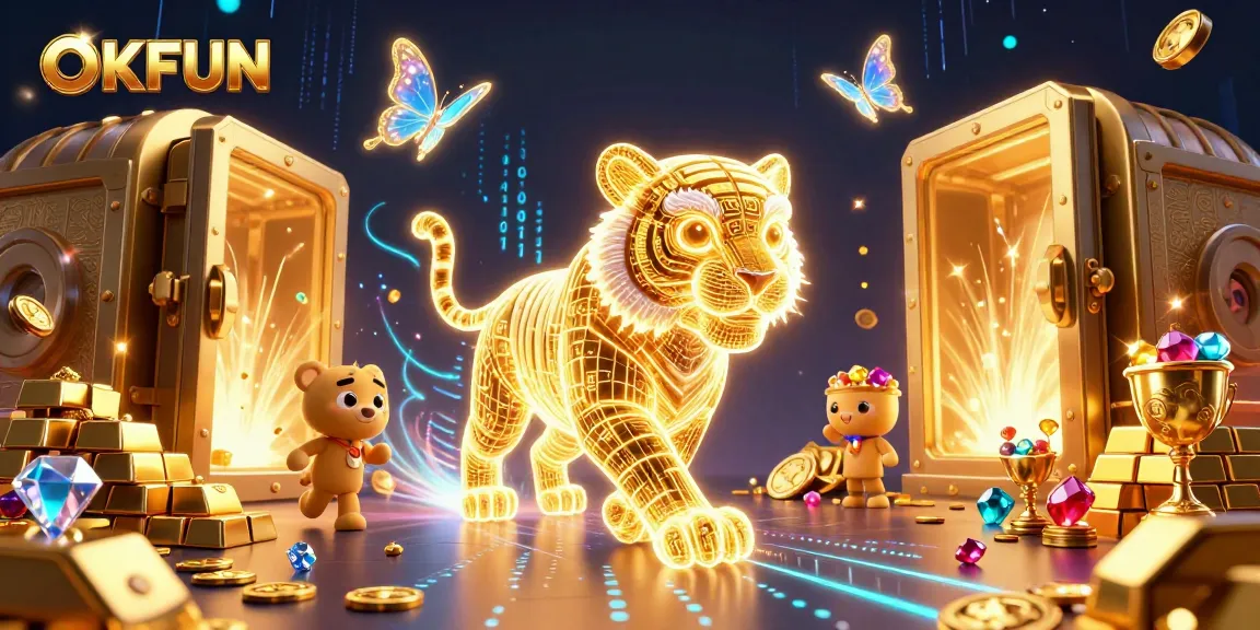 Experience the vibrant energy of OKFUN casino with a golden tiger and magical gems.