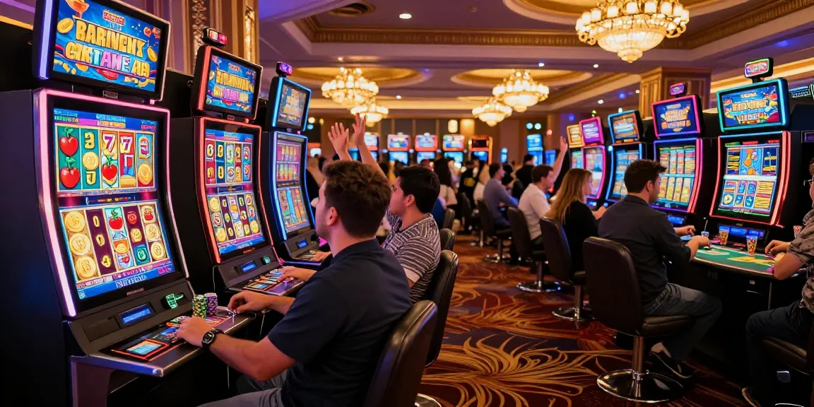 Exciting casino scene where players celebrate hitting a slot jackpot with vibrant lights and luxury around.