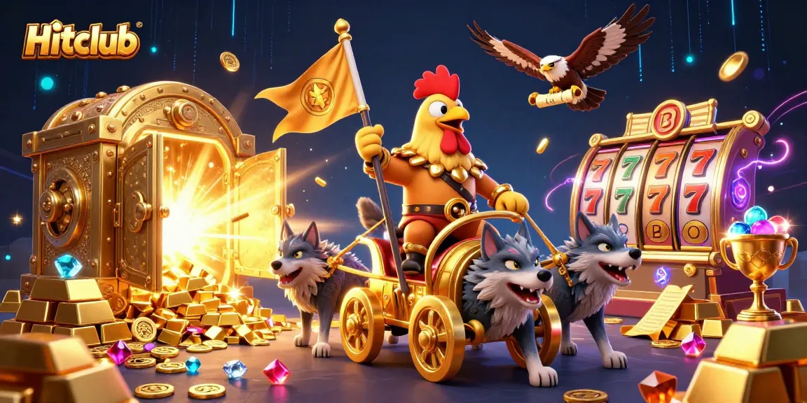 Hitclub features an exciting scene with a rooster warlord leading a golden chariot, emphasizing thrilling slot adventures.