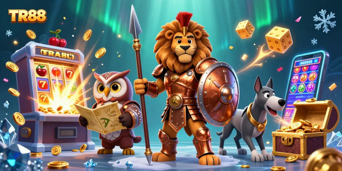Experience the excitement of TR88 with a 3D illustration of a Spartan lion, strategic owl, and swift greyhound in a dynamic casino scene.