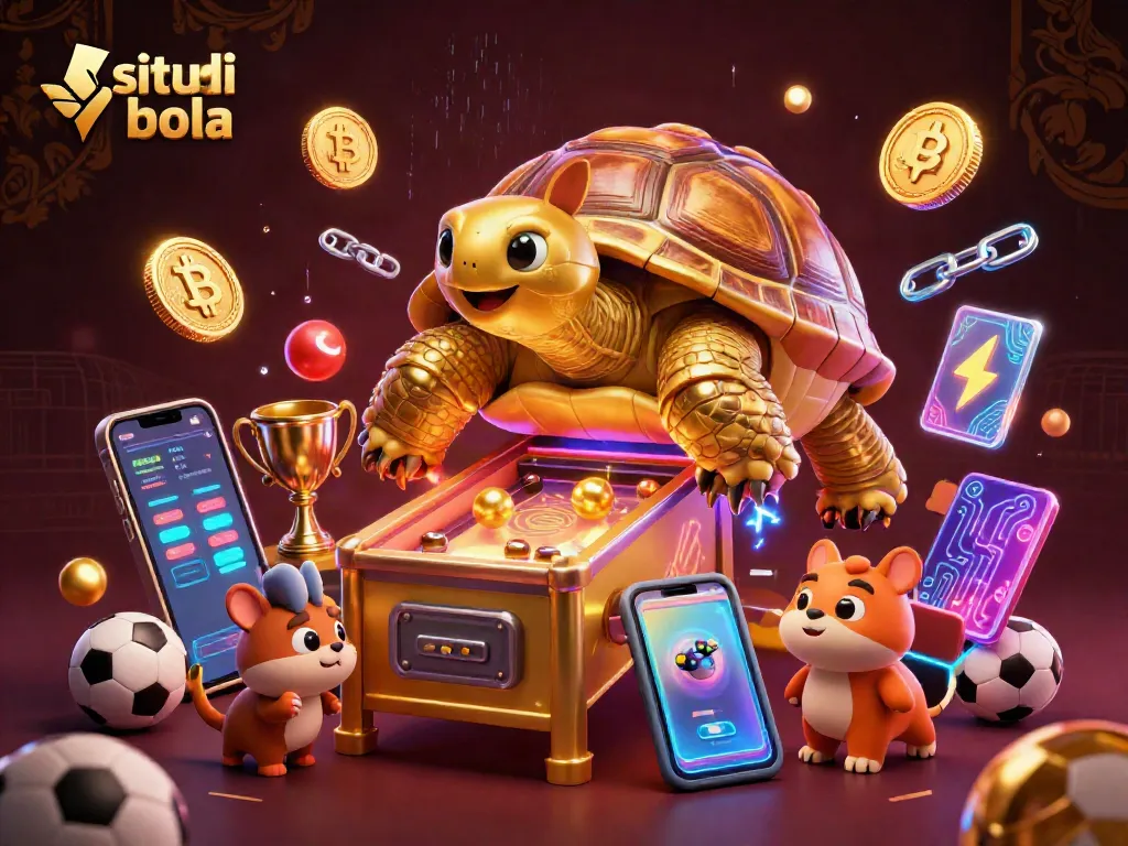 Experience situs judi bola excitement with a dynamic scene featuring sports and crypto elements.