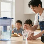 Waterdrop ED01AW Electric Water Filter Pitcher in use by a trusted local service provider, delivering clean water to a happy family in the community.