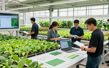 Interior of a modern indoor agriculture facility showcasing CIKA4D team designing vertical farming solutions with advanced technology.
