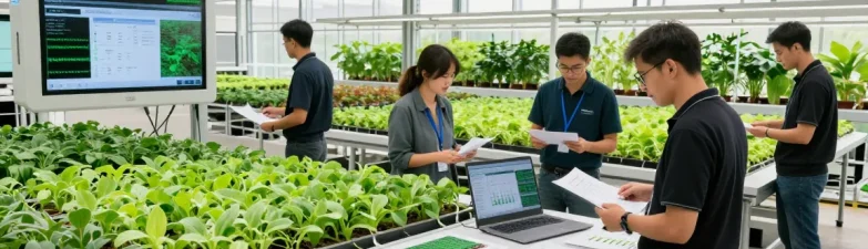 Interior of a modern indoor agriculture facility showcasing CIKA4D team designing vertical farming solutions with advanced technology.