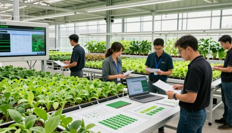 Interior of a modern indoor agriculture facility showcasing CIKA4D team designing vertical farming solutions with advanced technology.