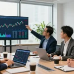 Team discussing ways to buy in BRICS crypto in a modern office.