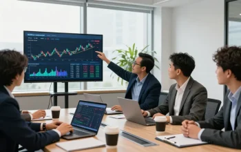 Team discussing ways to buy in BRICS crypto in a modern office.
