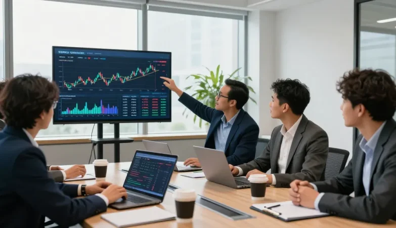 Team discussing ways to buy in BRICS crypto in a modern office.