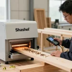 Shashel technician using microwave technology to eliminate wood-boring insects in an industrial workshop.
