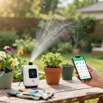 wifi sprinkler controller automating garden watering in a sunny backyard