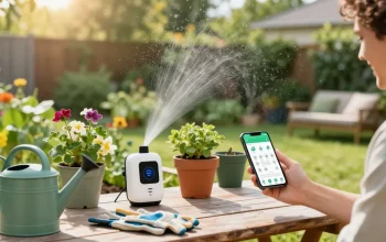 wifi sprinkler controller automating garden watering in a sunny backyard
