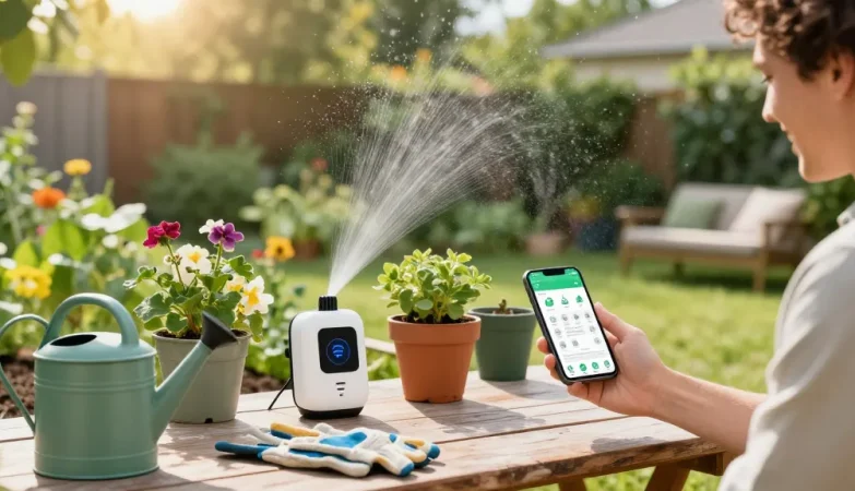 wifi sprinkler controller automating garden watering in a sunny backyard