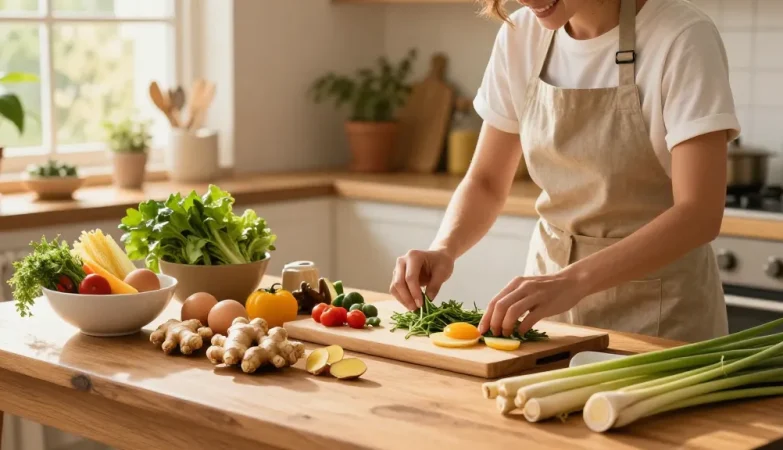 Explore delicious food recipes and nutritional benefits with สล็อต, showcasing fresh ingredients and cooking moments in a warm kitchen.
