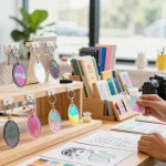Explore custom keychains in an inviting e-commerce setting with diverse designs and happy customers.