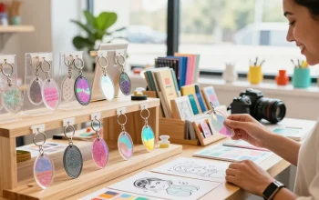 Explore custom keychains in an inviting e-commerce setting with diverse designs and happy customers.