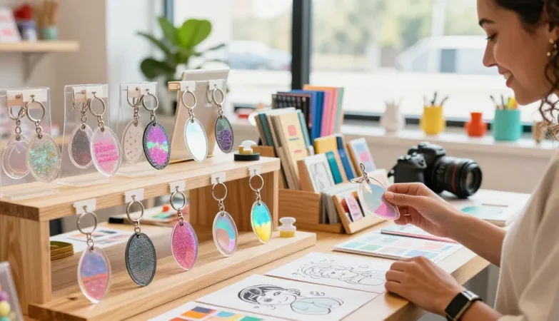 Explore custom keychains in an inviting e-commerce setting with diverse designs and happy customers.