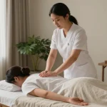 Relaxation massage therapy taking place in a tranquil studio enhancing 종로출장안마 services, showcasing essential oils and calming ambiance.