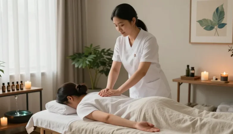 Relaxation massage therapy taking place in a tranquil studio enhancing 종로출장안마 services, showcasing essential oils and calming ambiance.