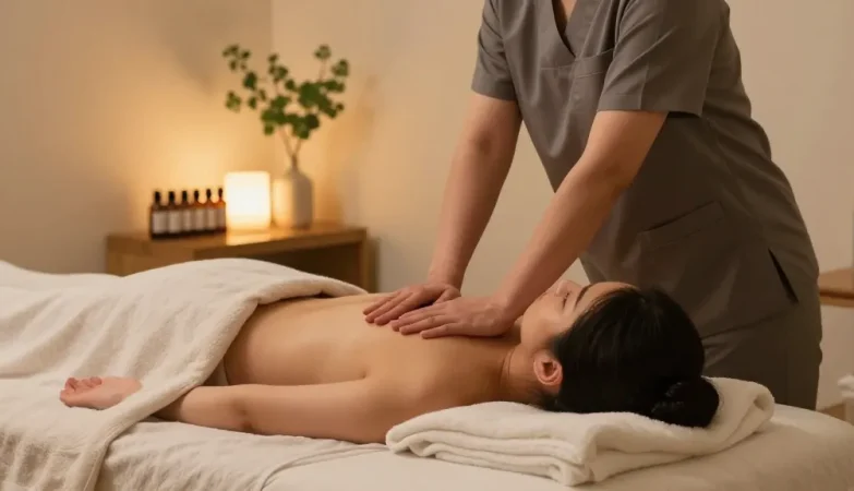 서울출장마사지 being performed by a skilled Korean therapist in a serene indoor setting with calming atmosphere.