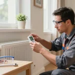 Heating engineer in Bedford inspecting a radiator in a cozy home setting with tools nearby.