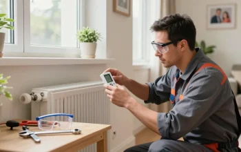 Heating engineer in Bedford inspecting a radiator in a cozy home setting with tools nearby.