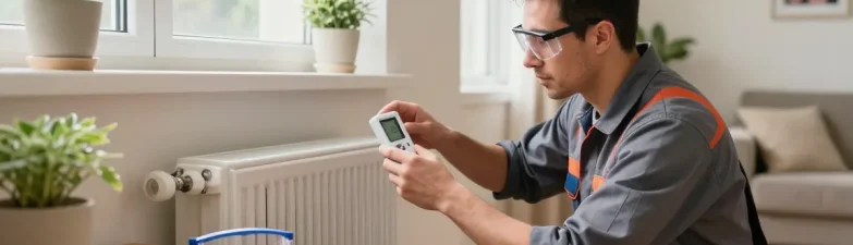 Heating engineer in Bedford inspecting a radiator in a cozy home setting with tools nearby.