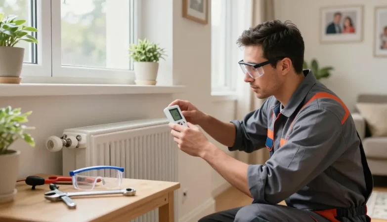 Heating engineer in Bedford inspecting a radiator in a cozy home setting with tools nearby.