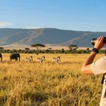 NAGA2000 traveler observing wildlife at Kidepo Valley National Park during golden hour, showcasing vibrant savanna scenery.