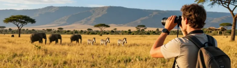 NAGA2000 traveler observing wildlife at Kidepo Valley National Park during golden hour, showcasing vibrant savanna scenery.